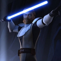Obi Wan Kenobi in lässiger Kampfhaltung.