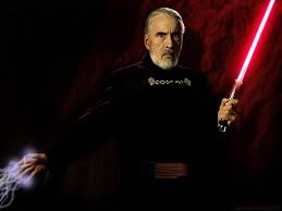 Dooku mit Laserschwert und Blitzen.