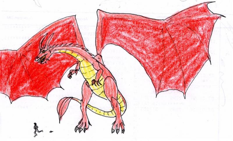 Feuerdrache
Belerofon in voller Pracht, da unten läuft gerade ein vorwitziger Gangster davon, dem plötzlich einfiel, dass er einen dringenden Termin auf dem nächsten Klo hat.