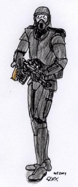 imperialer Soldat (gefechtsbereit)
ein gut gerüsteter imperialer Kämpfer gegen die rebellische Allianz, erinnert an nen Stormie, nur gabs in der Reinigung wohl Probleme, seit dem trägt man Schwarz. Merke: Black is beautyfull.