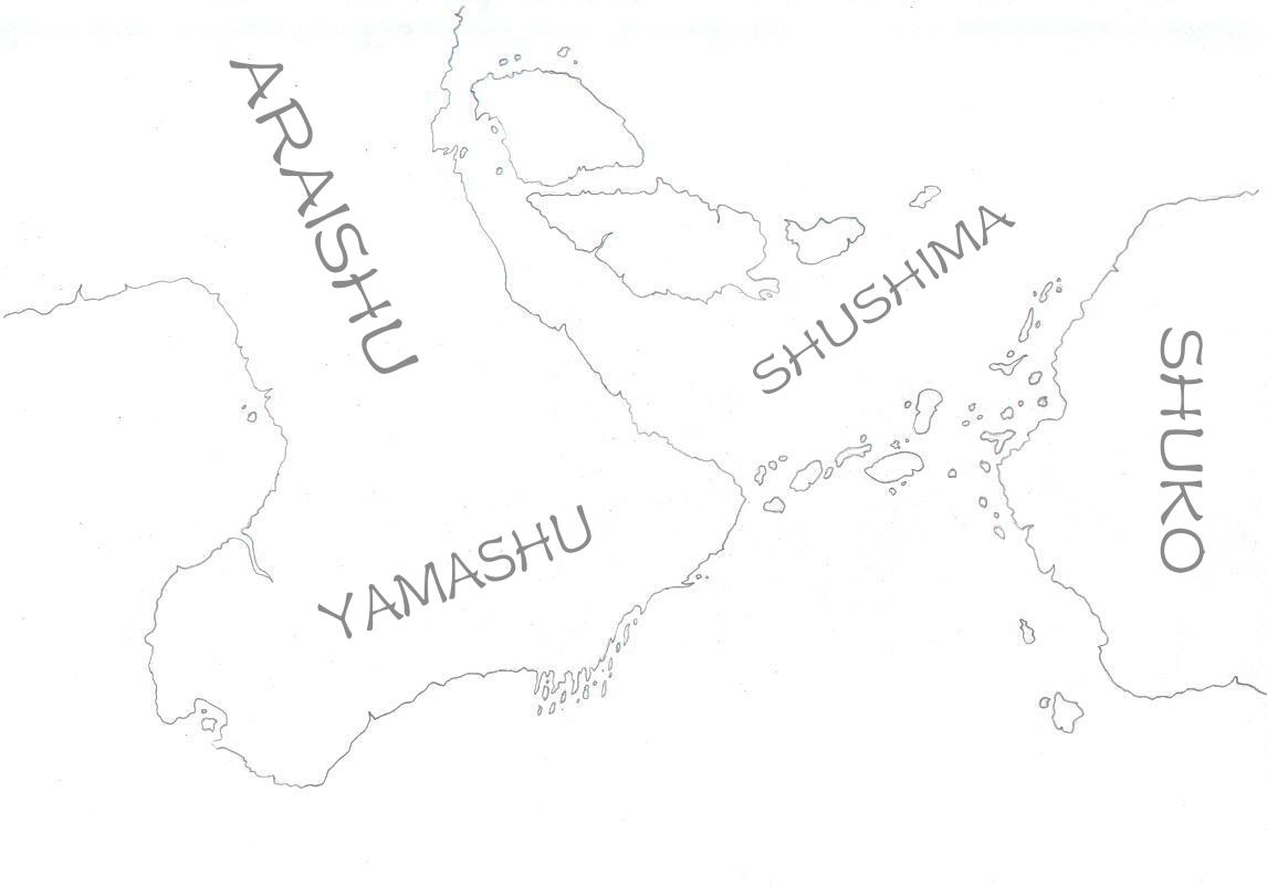 Karte des östlichen Araishu, Shushima und des westlichen Shuko - Bühne für meine "Land der Insel" Kampagne, die ebenfalls in Emmergens spielen wird