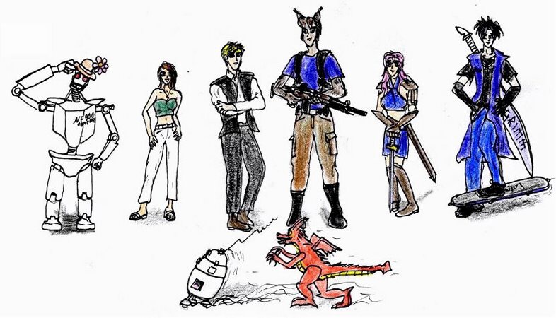 Starlett Wars Titel1
weitere Charakterübersicht: (v.l.n.r.): NF-900, die Prinzessin, Allan Browning, Ryosa, Yoyjo - die Herrin der Drachen, Nemezyz - ein sich regenerierender Killer, vorn im Bild (die Flucht antretend) MAC, gefolgt von Ernesto (der will doch nur Spielen)
